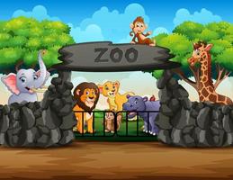 Zoo entrance outdoor view with different cartoon animals vector