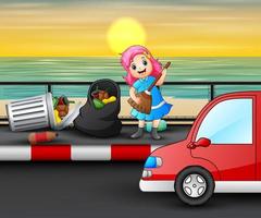 Cartoon happy little girl cleaning the road vector