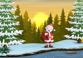 Santa claus with a sack of presents in the forest vector