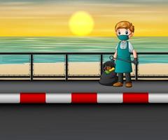 A man cleaning the road near the beach vector