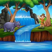 A zookeeper with animals on nature scene vector