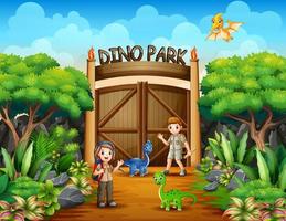 The explorer boy and girl in dino park vector