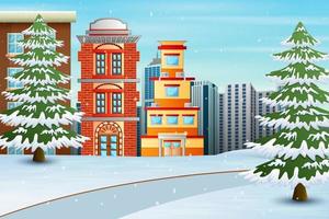 Christmas winter city landscape with buildings vector