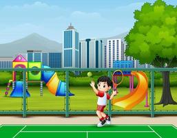 A boy playing tennis at the court vector