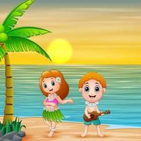niño tocando guitarra y niña hawaiana bailando hula al atardecer vector