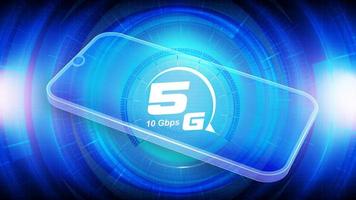 5G network wireless technology vector illustration. Smartphone with big letters 5g and speed test. High-speed mobile Internet. Using modern digital devices. Web page template. Blue color.