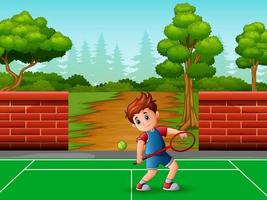un lindo niño jugando al tenis vector