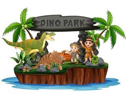 Zookeepers with dinosaurs in Dino park vector