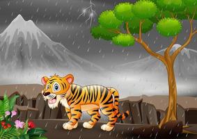 una caricatura de tigre bajo la lluvia en un bosque vector