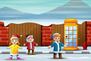 Children having fun on snowy street vector