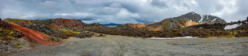 Beautiful panoramic Icelandic landscape of colorful rainbow volcanic Landmannalaugar mountains, at famous Laugavegur hiking trail with dramatic snowy sky, and red volcano soil in Iceland. photo