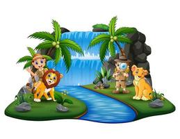 The zookeepers with lions on nature island vector