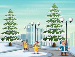 The children playing on the snowy road vector