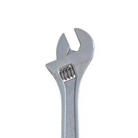 Big metal adjustable wrench isolated at white background. Concept of hardware, gears, and workshop work, details, closeup. photo