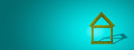 Banner with mossed and lichened green wet forest tree symbolic house isolated at turquoise gradient background with copy space and shadow. photo