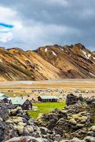 Beautiful colorful volcanic mountains Landmannalaugar and camping site in Iceland, dramatic scene with heavy clouds photo