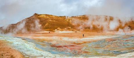 Panoramic view over colorful geothermal active zone Hverir near Myvatn lake in Iceland, resembling Martian red planet landscape, at summer and blue sky photo