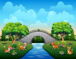 Funny animal pets playing in the park vector