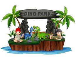 dino park island con dinosaurios y niños exploradores vector