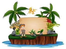 Dinosaurs with zookeeper on island vector