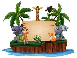 Wild animals with zookeeper on wooden sign vector