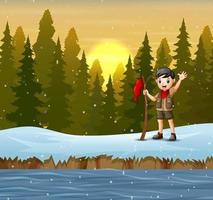 A scout boy with red flag on winter landscape vector