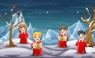 Children singing christmas carol in north pole background vector