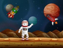 Astronaut waving hand on planet scene vector