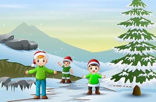 Children walking through snowy road in winter season vector