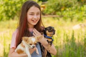 Cute girl 10 or 11 years old with her dogs in her arms in black and white. Teenage girl with pets. photo