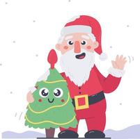 Merry Christmas card. Cartoon vector illustration of Santa Claus with a christmas tree. Decorated Christmas tree with presents.