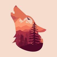 wolf howling with wood and mountain double exposure vector