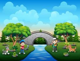 Boys cartoon with his pet fishing at the river vector