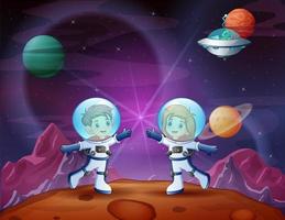 Cartoon two astronaut kids exploring on moon vector