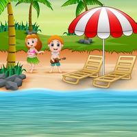 Boy playing guitar and hawaiian girl hula dancing at the seaside vector