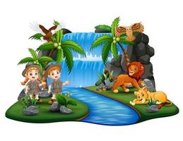 The zookeepers with wild animals on nature island vector