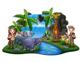 The scouts with many animals on island scene vector