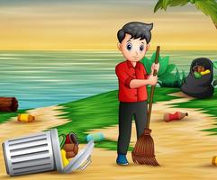 hombre voluntario limpiando basura en la playa vector