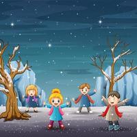 Children in winter clothes on snowy forest vector