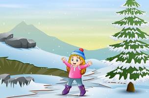 Cute girl having fun in winter landscape vector