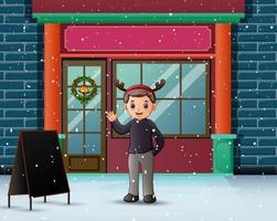 A man waving hand in front his store vector