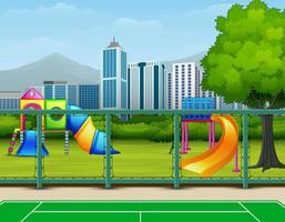 fondo de campo deportivo con parque infantil en la ciudad vector