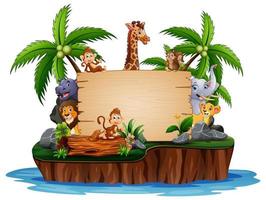 Wild animals with wooden sign on island vector