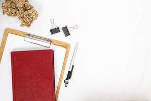 work desk complete with equipment isolated on white background photo