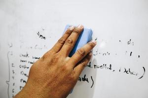 hand of a man erasing the whiteboard. a hand holding a whiteboard eraser. photo