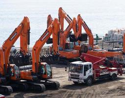 Vladivostok, Russia-September 29, 2019- Landscape with construction equipment on the site at the sea station. photo