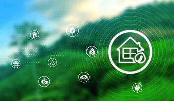 Eco technology or environmental technology concept with environment Icons over the network connection on green leaf energy sources for renewable, sustainable development photo