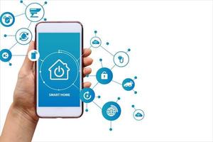 Hand of woman or man holding smartphone in house with icons, lifestyle of person in modern life internet of things, smart home technology. concept of automation. the new innovation of the future photo