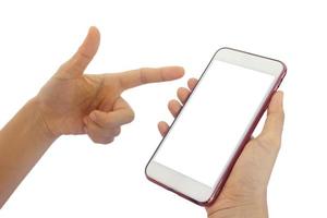 Woman or man hand holds smartphone with white screen on white background. blank screen to put it on your own webpage or message photo