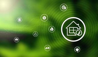 Eco technology or environmental technology concept with environment Icons over the network connection on green leaf energy sources for renewable, sustainable development photo
